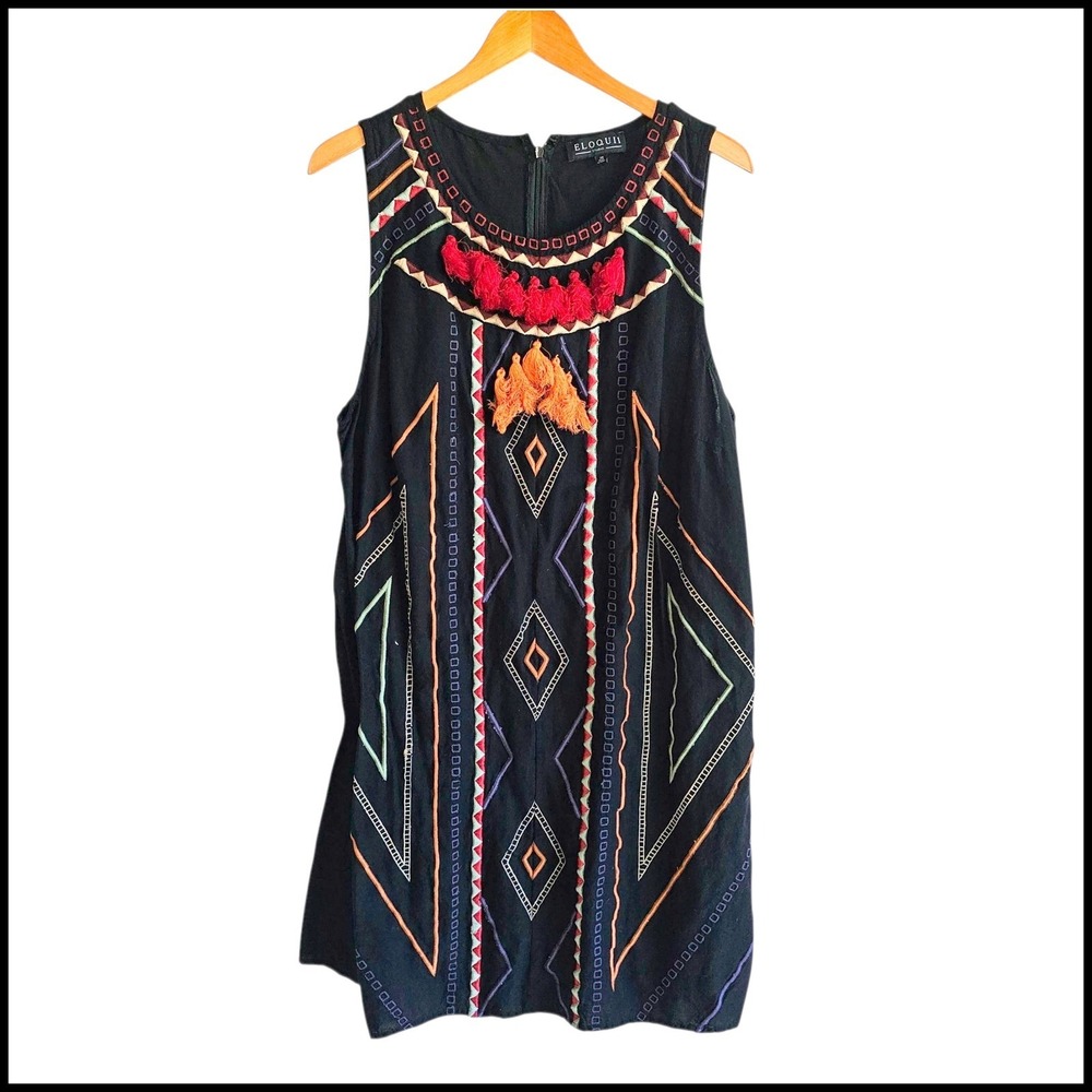 ELOQUII Studio Black Sleeveless Embroidered Tassel Shift Dress Size 20 Plus